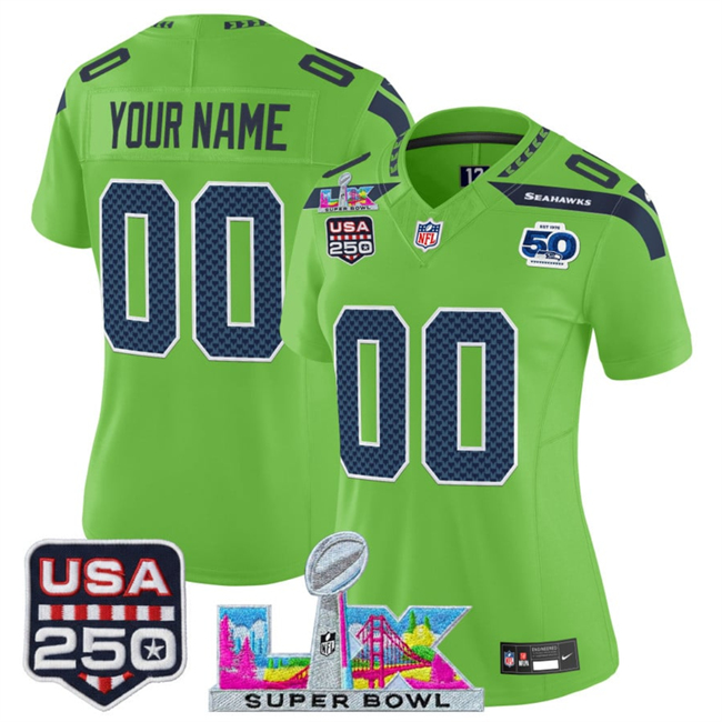 Women's Seattle Seahawks Active Player Custom Green 2025 F.U.S.E. Super Bowl LX Patch And 50th Season & USA 250' Patch Vapor Limited Football Stitched Jersey(Run Small)